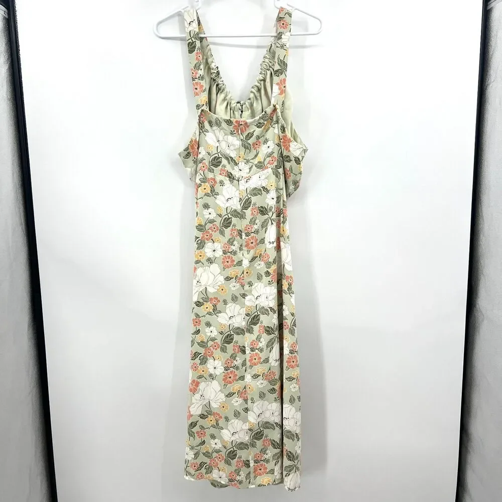 Abercrombie & Fitch Sage Green Floral Midi Dress Front Tie V-Neck Sleeveless XXL